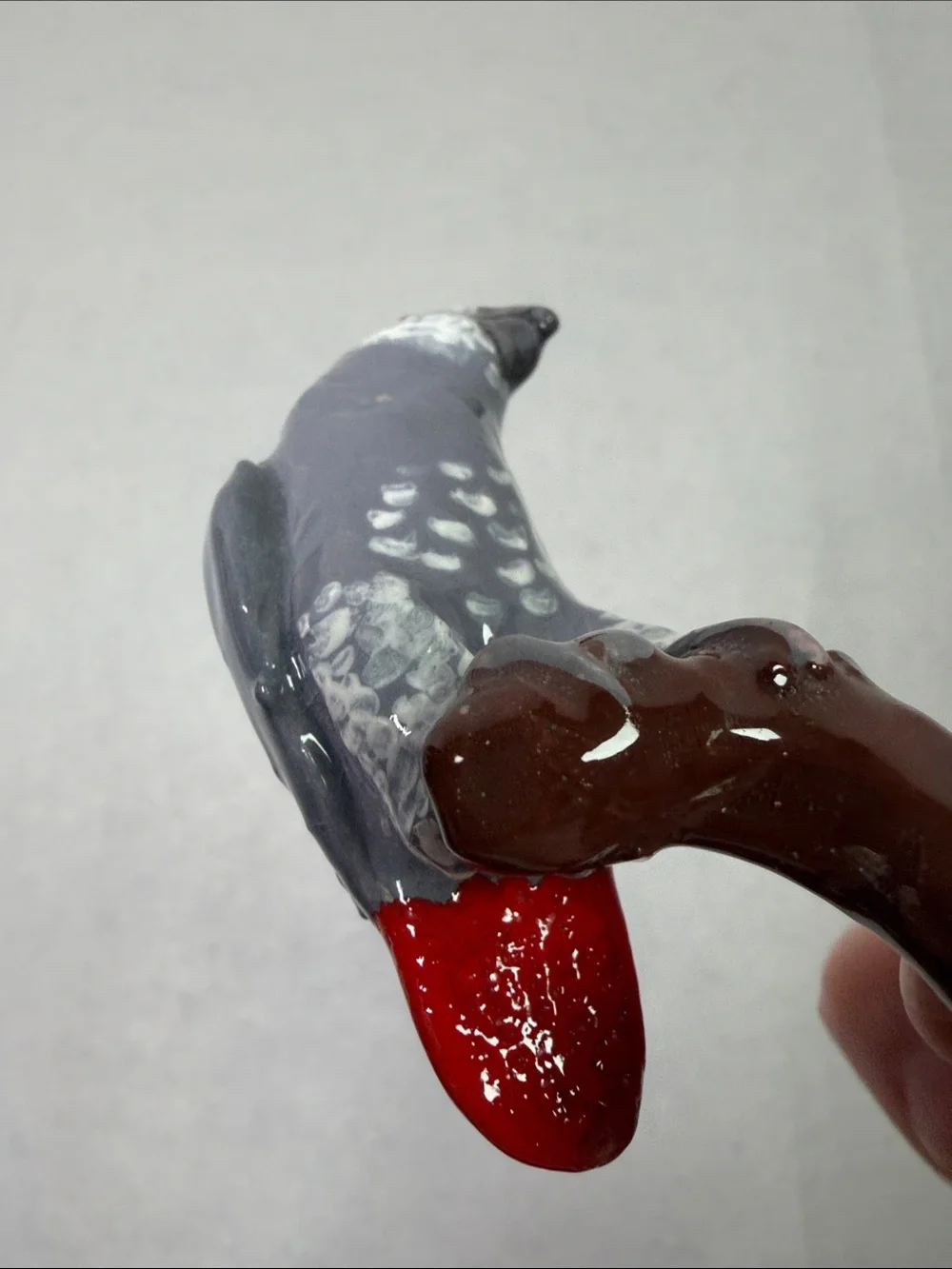 Artisan African Grey Parrot on Perch Signed Pottery Handmade Hand Painted 3.5”